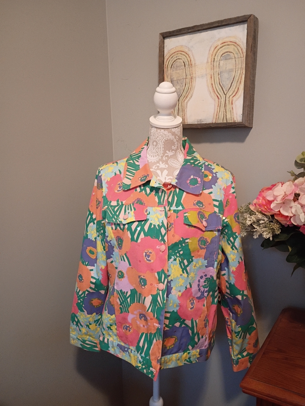 Redd Floral Multicolor Jean Jacket with Pastel Blooms "Art to Wear". Size 8. NWT